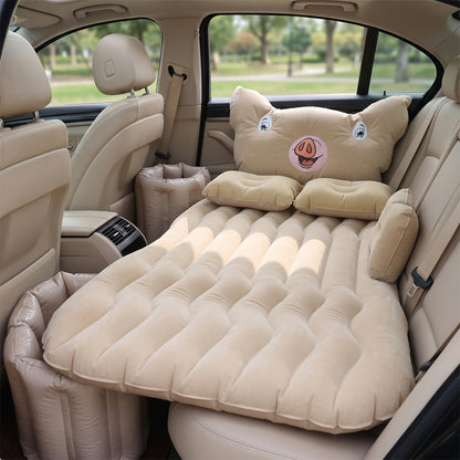 Wukusy cartoon pig design car air mattress bed set with pillows, inflatable travel bed for kids, shown inflated with pillows.