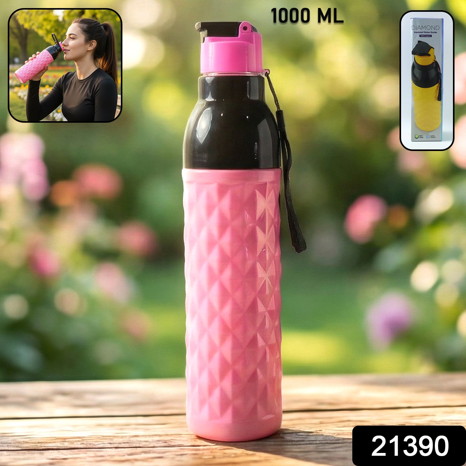 Wukusy 1000ml plastic water bottle with diamond pattern, leakproof design, and secure lid on a white background.