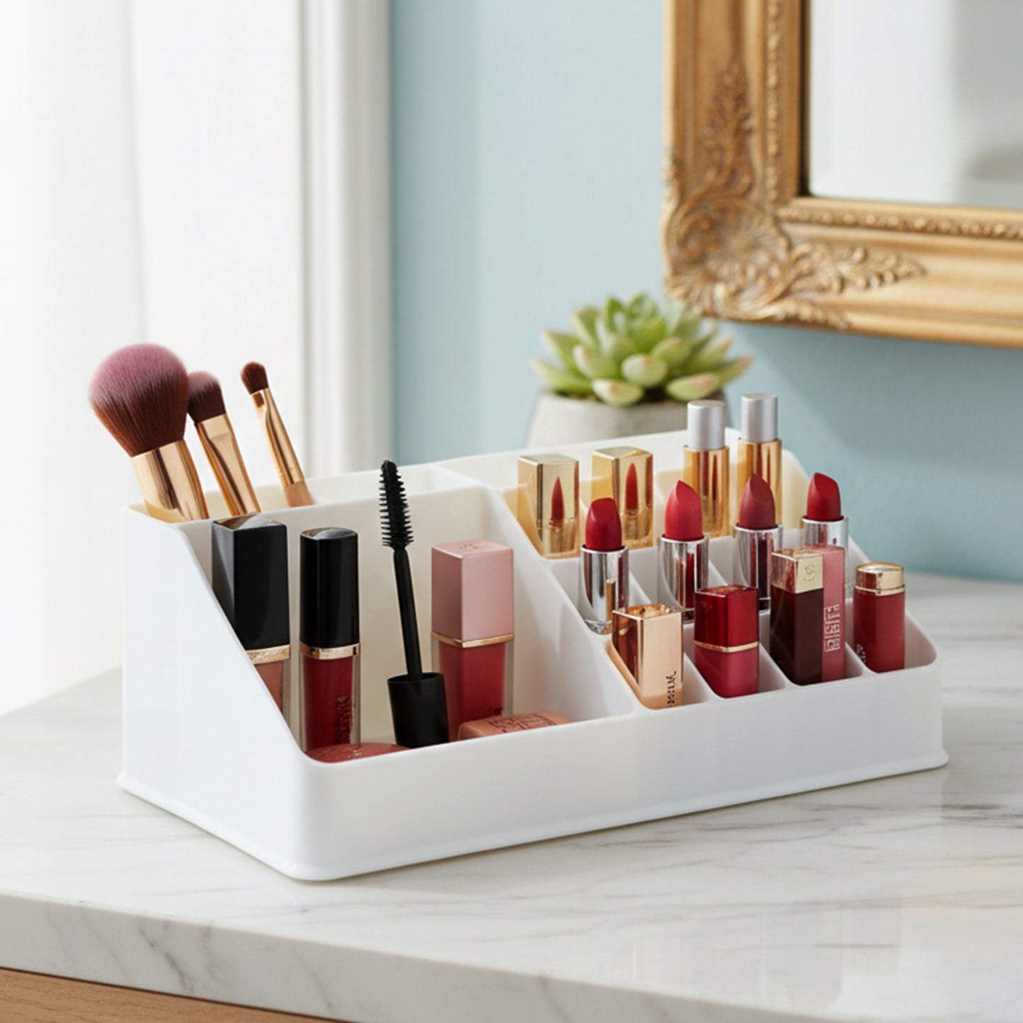 Wukusy multipurpose makeup organizer storage box with multiple compartments for cosmetics and beauty tools.