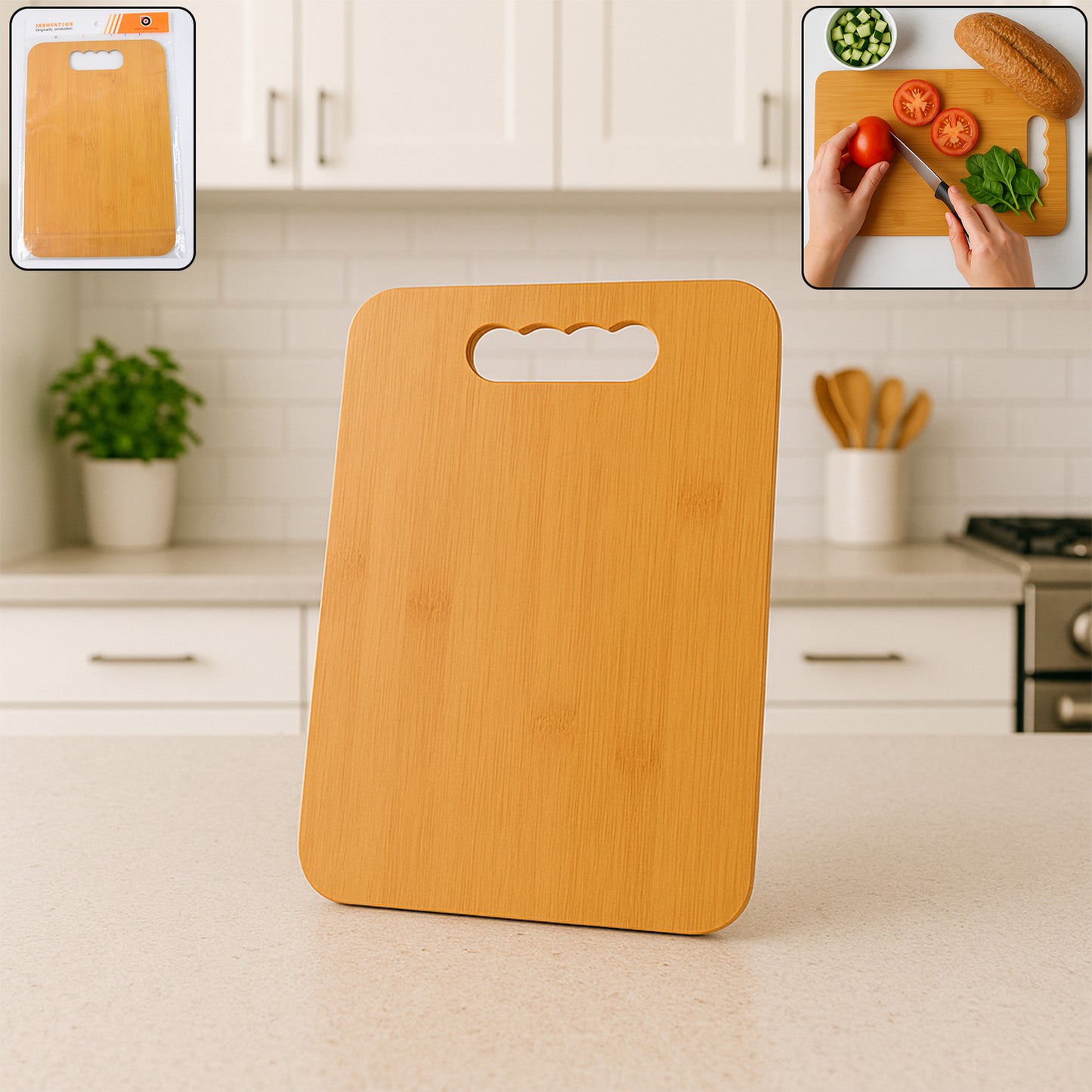 Wooden chopping board for vegetable cutting by Wukusy, ideal for kitchen use, featuring a sturdy wooden surface for food preparation.