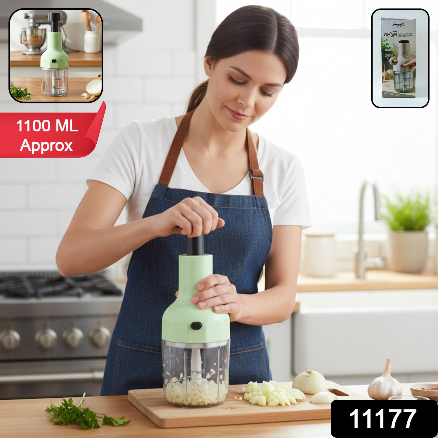 Wukusy manual push vegetable chopper with 1100 ml capacity, stainless steel blades, and ergonomic handle for efficient chopping.