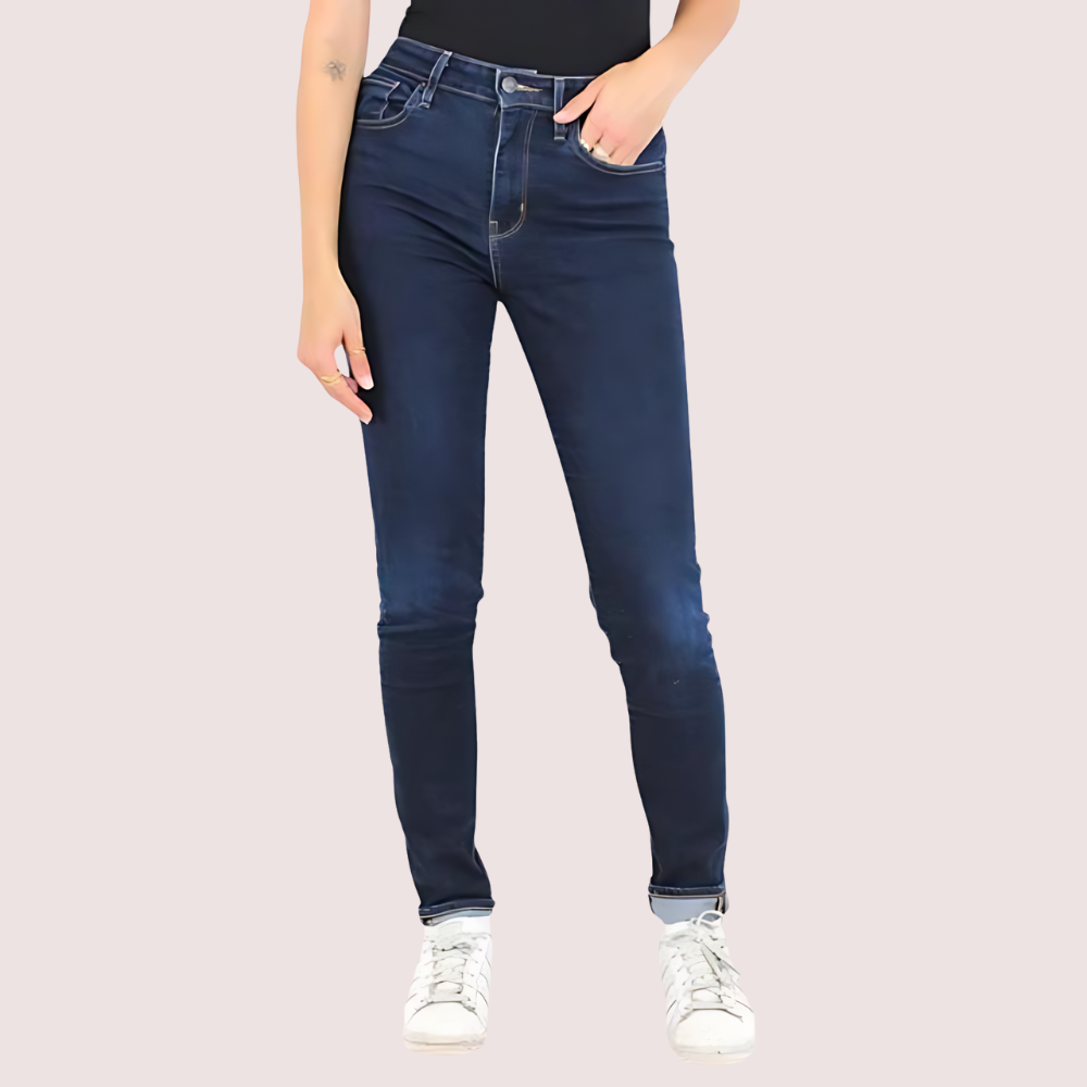 Elegant women's skinny fit slim denim pants by Snazzyway, shown in a close-up detail shot highlighting the fabric and fit.