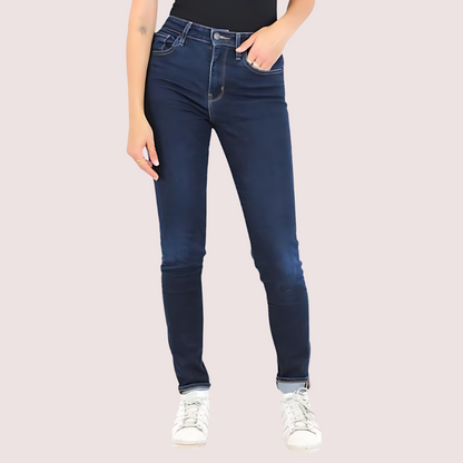 Elegant women's skinny fit slim denim pants by Snazzyway, shown in a close-up detail shot highlighting the fabric and fit.
