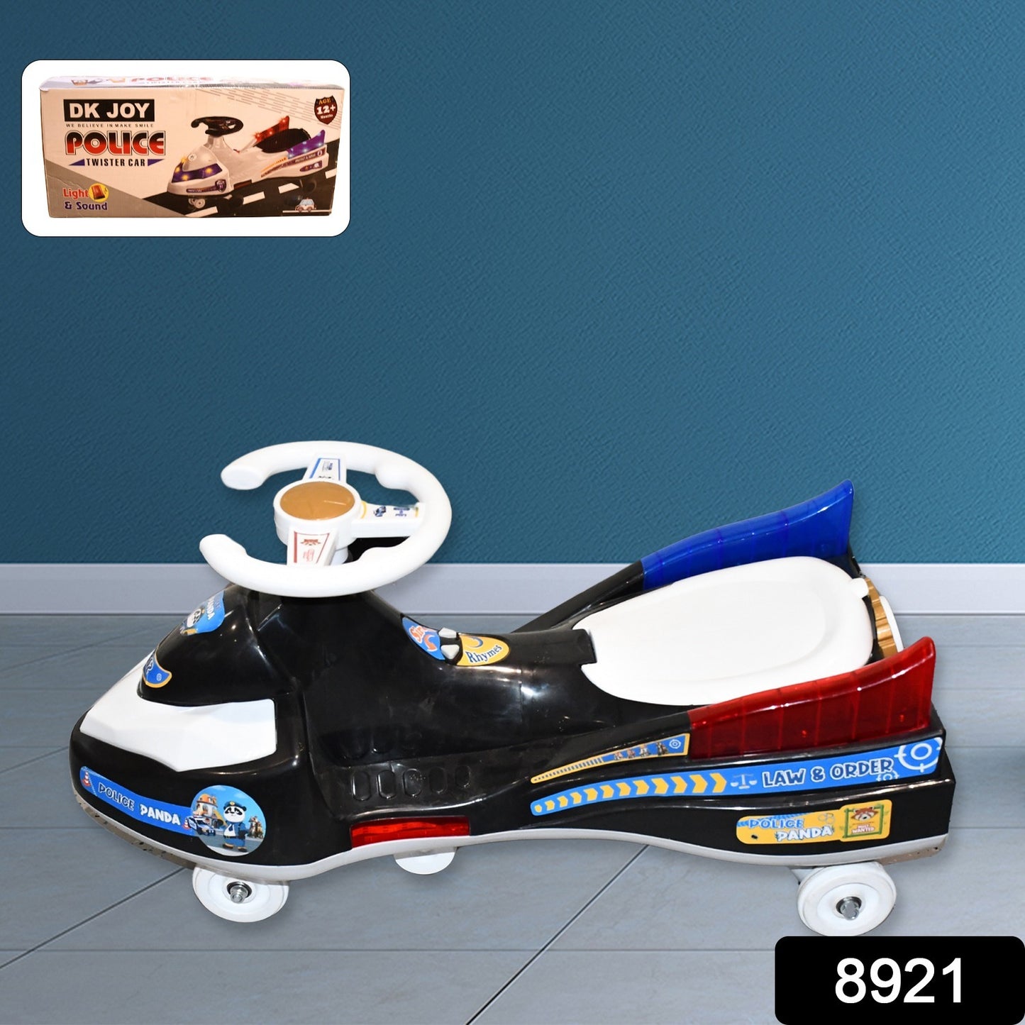Wukusy Twisted Police Ride-on Toy Car for kids with musical features, lights, and detailed police car design.