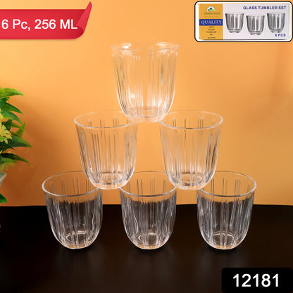 Six transparent glass tumblers by Wukusy, 256ml capacity, arranged in a set for home and kitchen use.