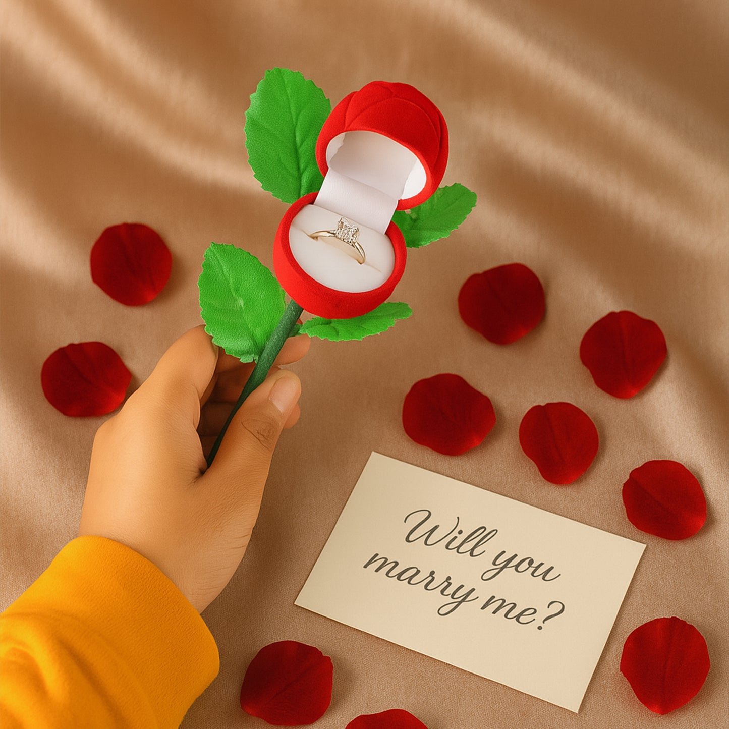 Wukusy artificial rose-shaped jewelry ring box with a detailed rose flower design, perfect for storing rings and small jewelry pieces.