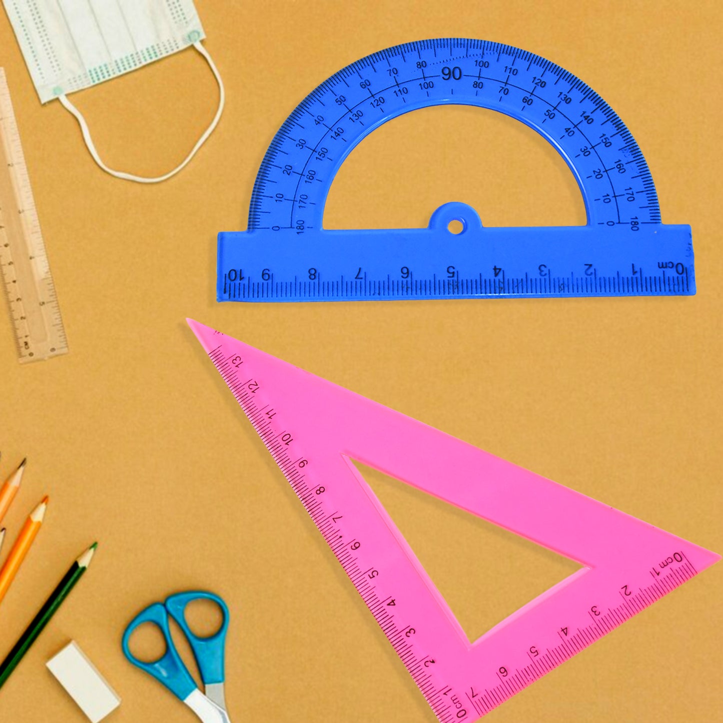 Wukusy 4-piece office geometry set with triangle ruler, protractor, and straight rulers for precise measurements and drawing.