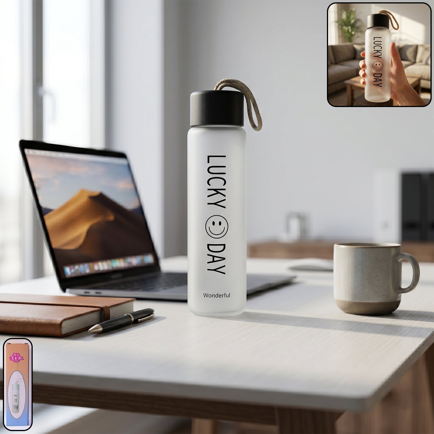 Wukusy premium frosted glass water bottle with 350ml capacity and leak-proof lid, shown with clear frosted finish and secure cap