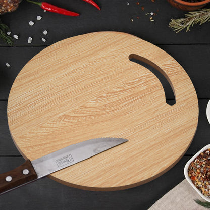 Wukusy 7123 wooden round chopping board for chopping fruit and vegetables, natural wood surface with knife marks visible.