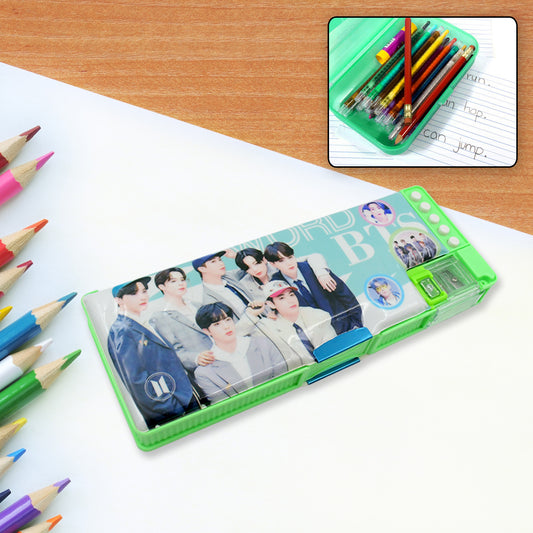 Wukusy 4251 multipurpose cartoon compass pencil box with two compartments for kids, ideal for school and storage.