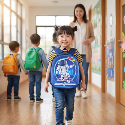 Kids astronaut print hard shell school backpack with shoulder sling from Wukusy, featuring a durable, space-themed design.