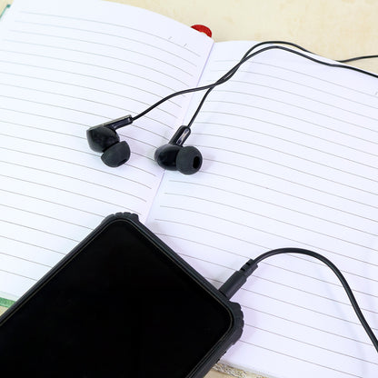 Wukusy premium wired stereo in-ear earphones with microphone and remote for mobile devices, black color, close-up view