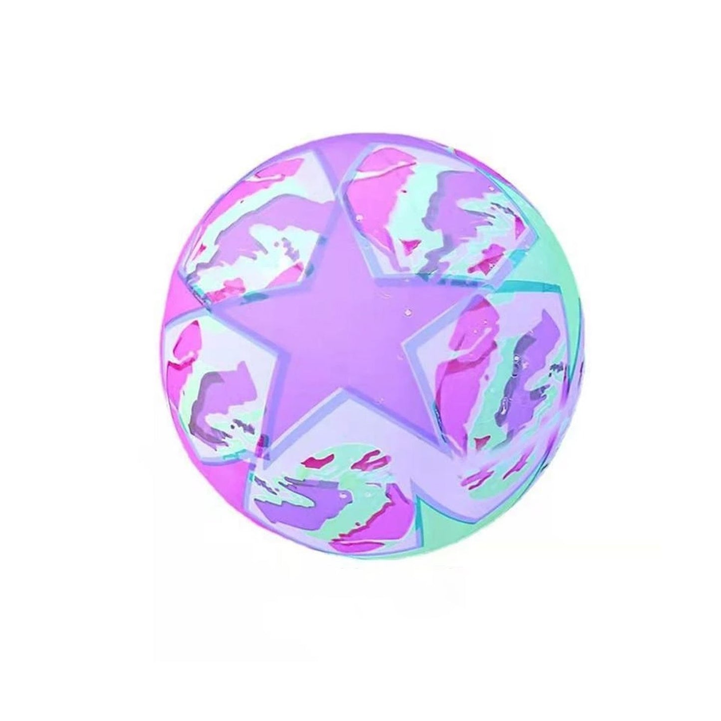 Wukusy 8056 bouncy stress reliever rubber toy ball with LED lights, designed for kids, shown bouncing on a colorful surface.