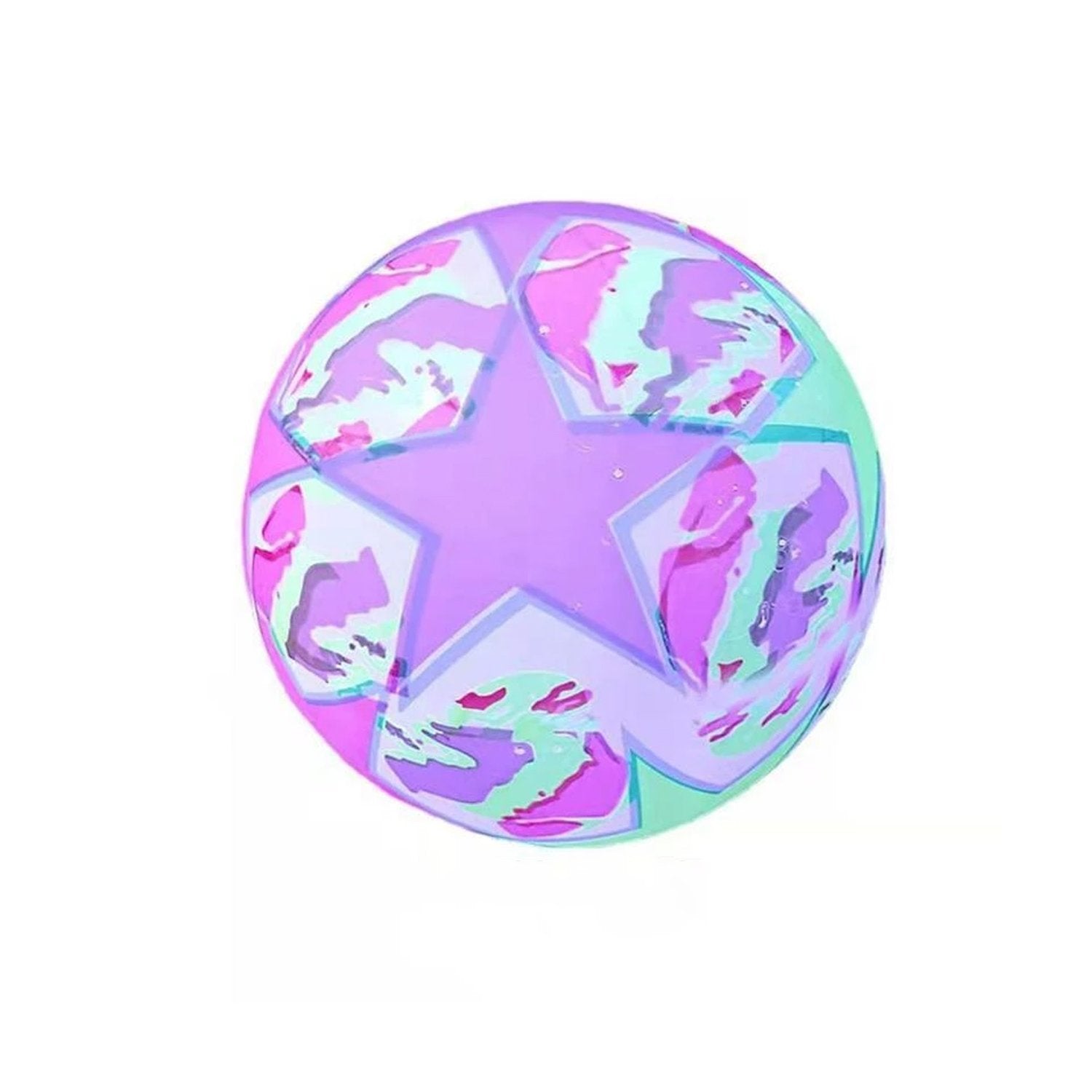 Wukusy 8056 bouncy stress reliever rubber toy ball with LED lights, designed for kids, shown bouncing on a colorful surface.