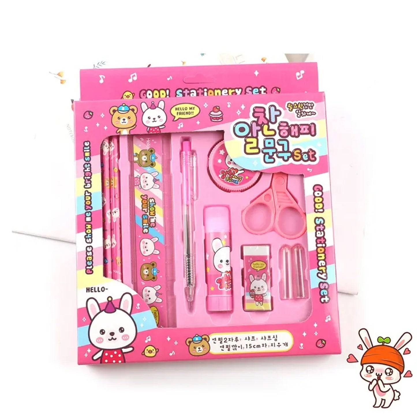 Wukusy 10-piece stationery set with pencils, ruler, sharpener, scissors, glue, ballpoint pen, and pencil covers for school and office use.