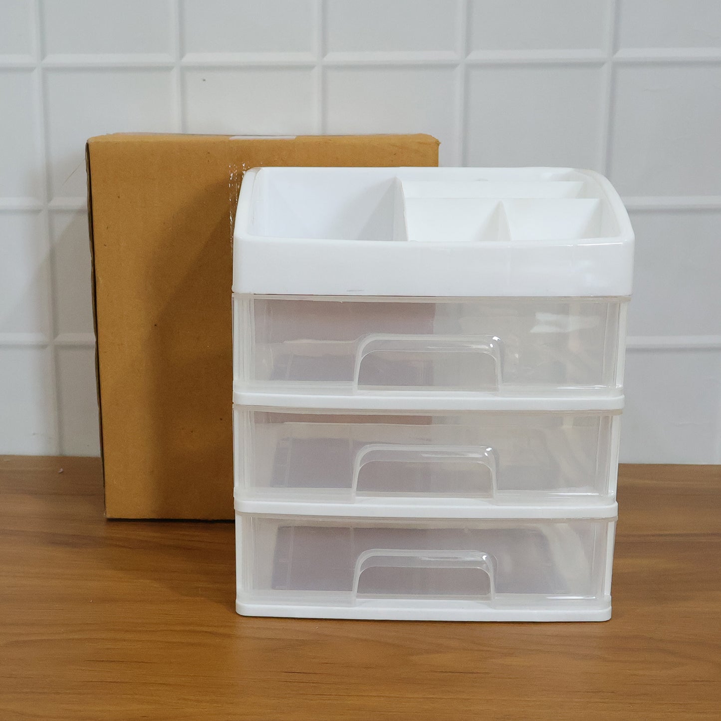 Wukusy 3-layer multipurpose desktop storage organizer with compartments for office supplies and stationery.