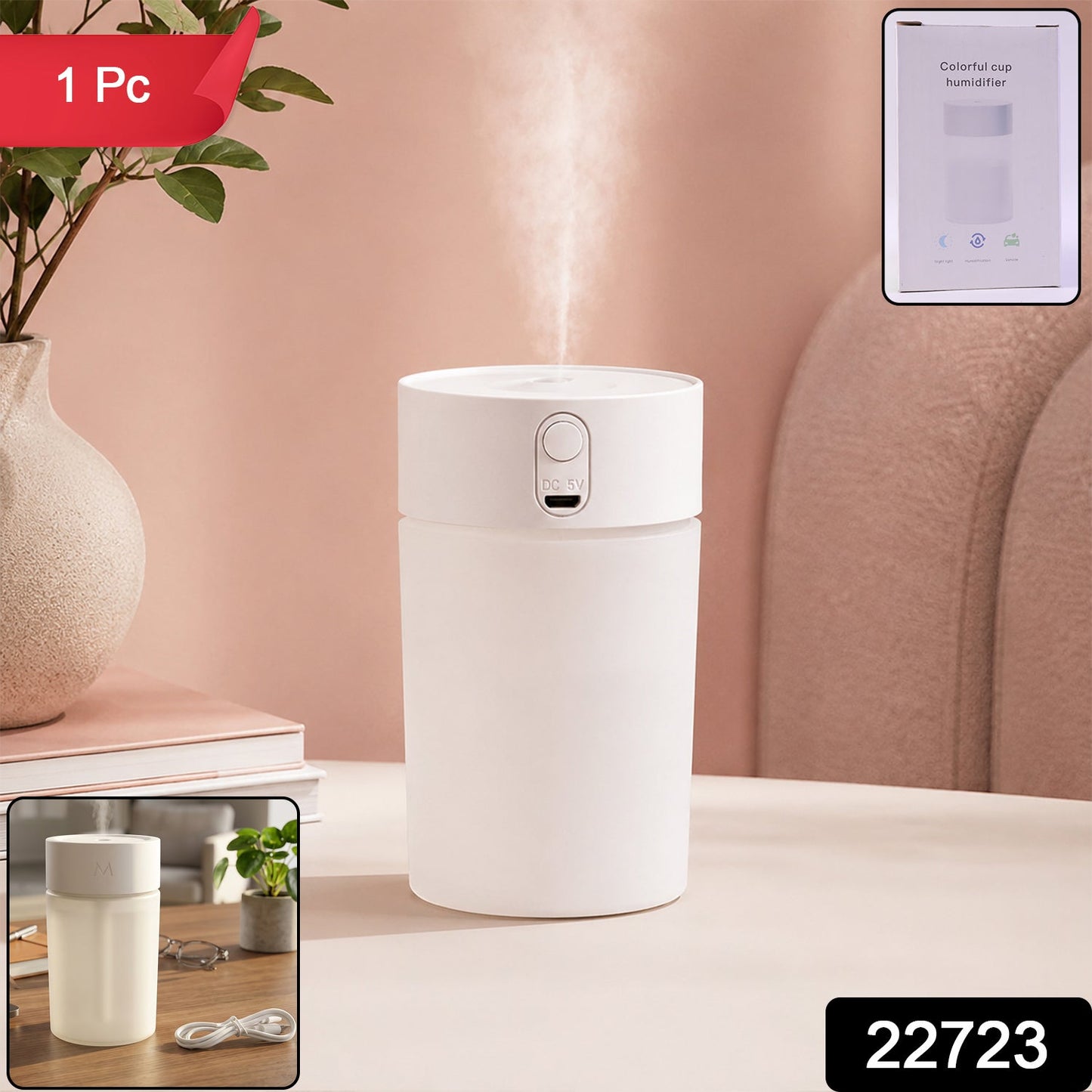 Wukusy mini portable USB humidifier with cool mist and LED light on a desktop, compact and lightweight air diffuser.