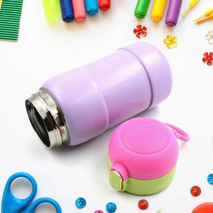 Stainless steel water bottle by Wukusy with spill-proof cap, BPA-free, suitable for kids and adults, featuring a colorful mixed design.