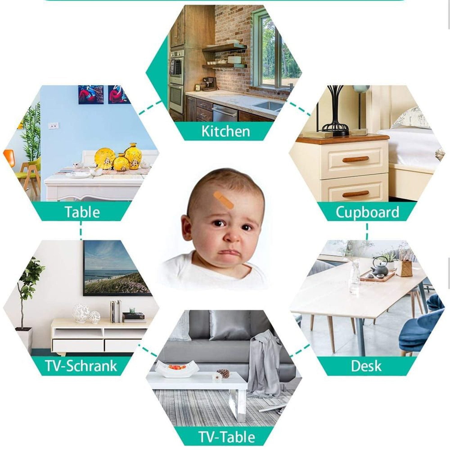 Wukusy 4-pack baby corner edge protector guards on a table, soft silicone safety covers for child-proofing home furniture.