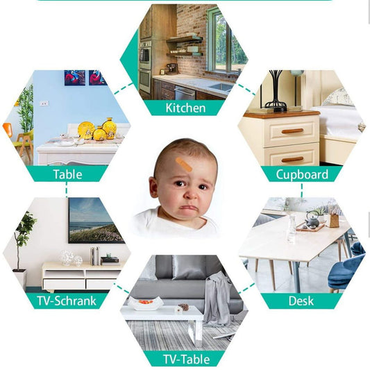Wukusy 4-pack baby corner edge protector guards on a table, soft silicone safety covers for child-proofing home furniture.