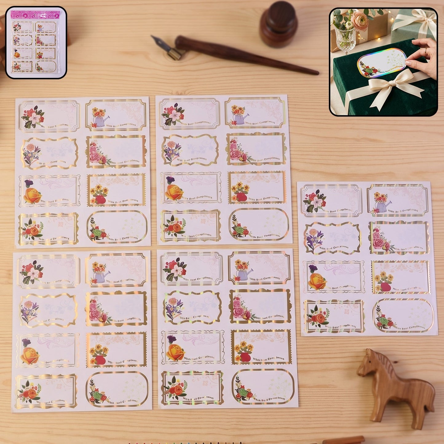 Set of 40 Wukusy gift tag stickers with floral foil labels featuring best compliments for gifting and decorating presents.