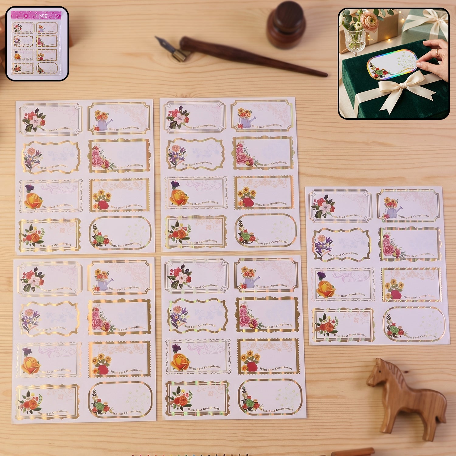 Set of 40 Wukusy gift tag stickers with floral foil labels featuring best compliments for gifting and decorating presents.