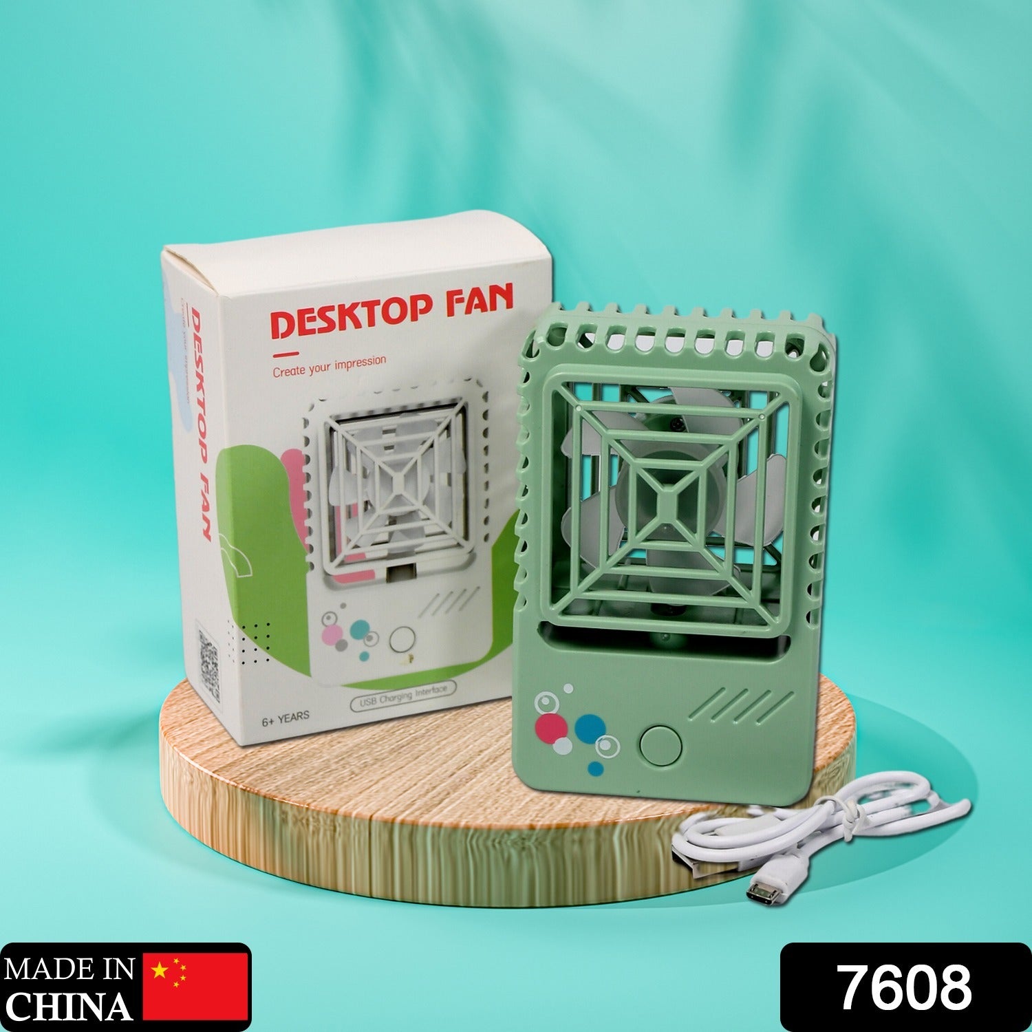 Wukusy 7608 mini rechargeable desktop fan with adjustable blades, compact handheld USB fan suitable for home, office, and car.