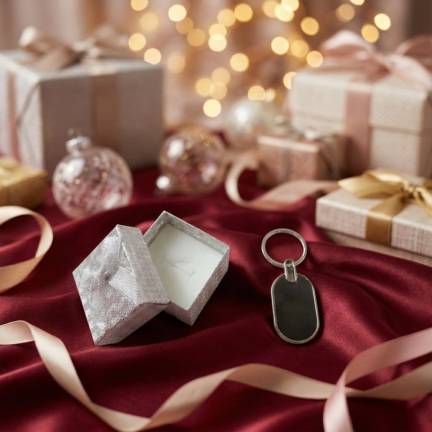 Wukusy premium metal keychain with a sleek design, displayed inside an elegant gift box on a white background.