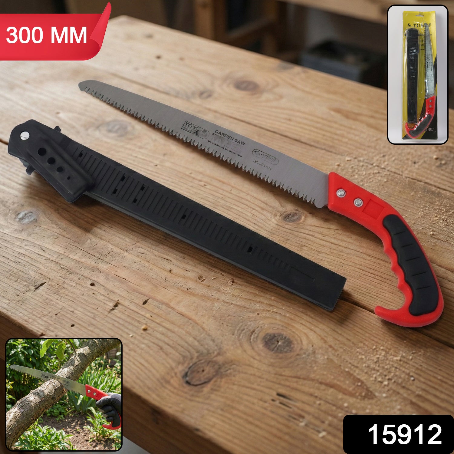 Wukusy heavy-duty 300mm manual garden pruning saw with sharp blade for trimming branches and shrubs.