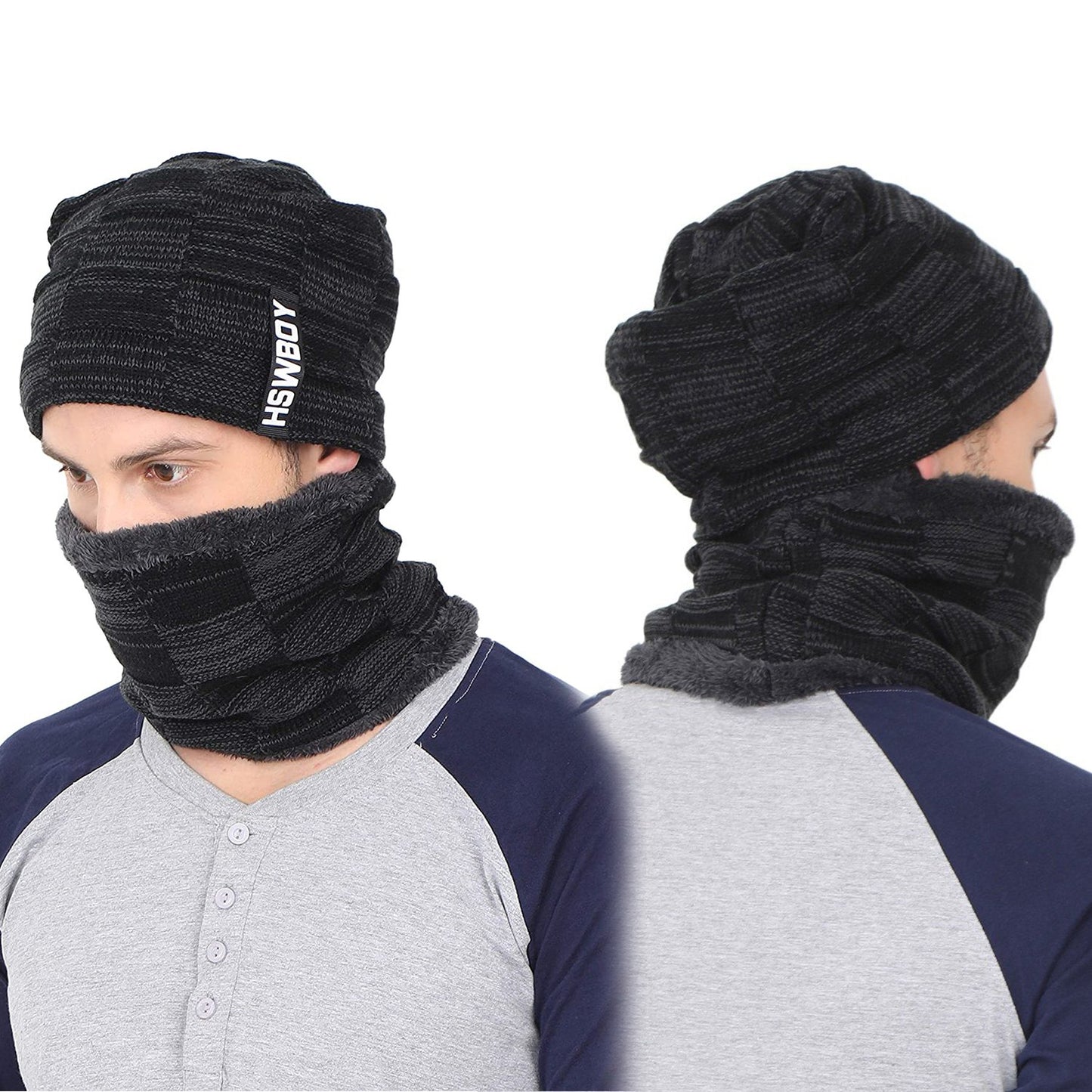 Wukusy ultra-soft unisex woolen beanie cap paired with a matching muffler scarf, perfect for stylish winter warmth.