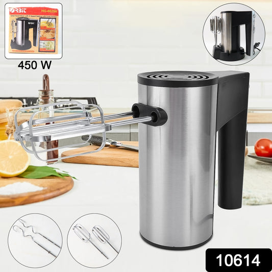 Wukusy Orbit stainless steel electric hand mixer with 450W motor, showcasing beaters and control buttons for home and kitchen use.