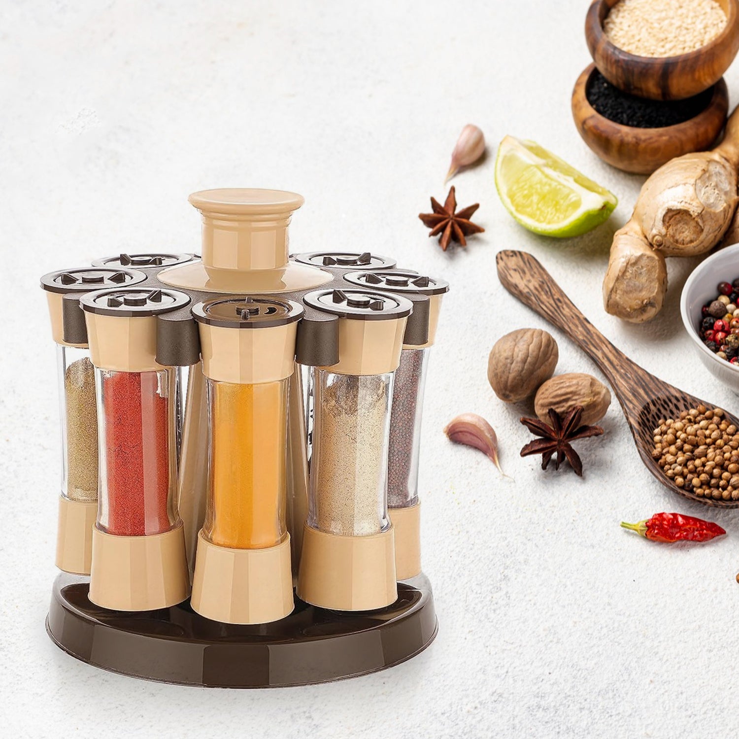 Wukusy 360 revolving spice rack with 8 jars, kitchen organizer for spices and condiments on a dining table or countertop.