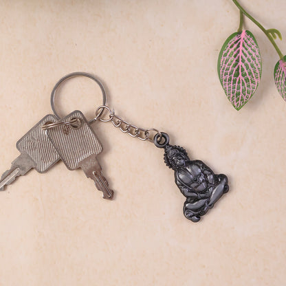Premium Wukusy Hanuman Ji sitting pose metal keychain, spiritual accessory with detailed design, featuring a sacred Hindu deity.