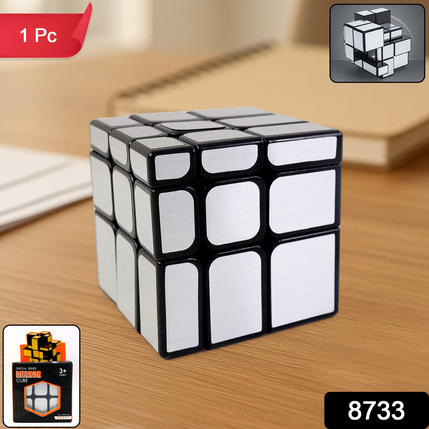 Wukusy Mirror Cube 3x3 reflective silver puzzle cube with shiny mirrored surfaces, toy puzzle for brain-teasing fun.