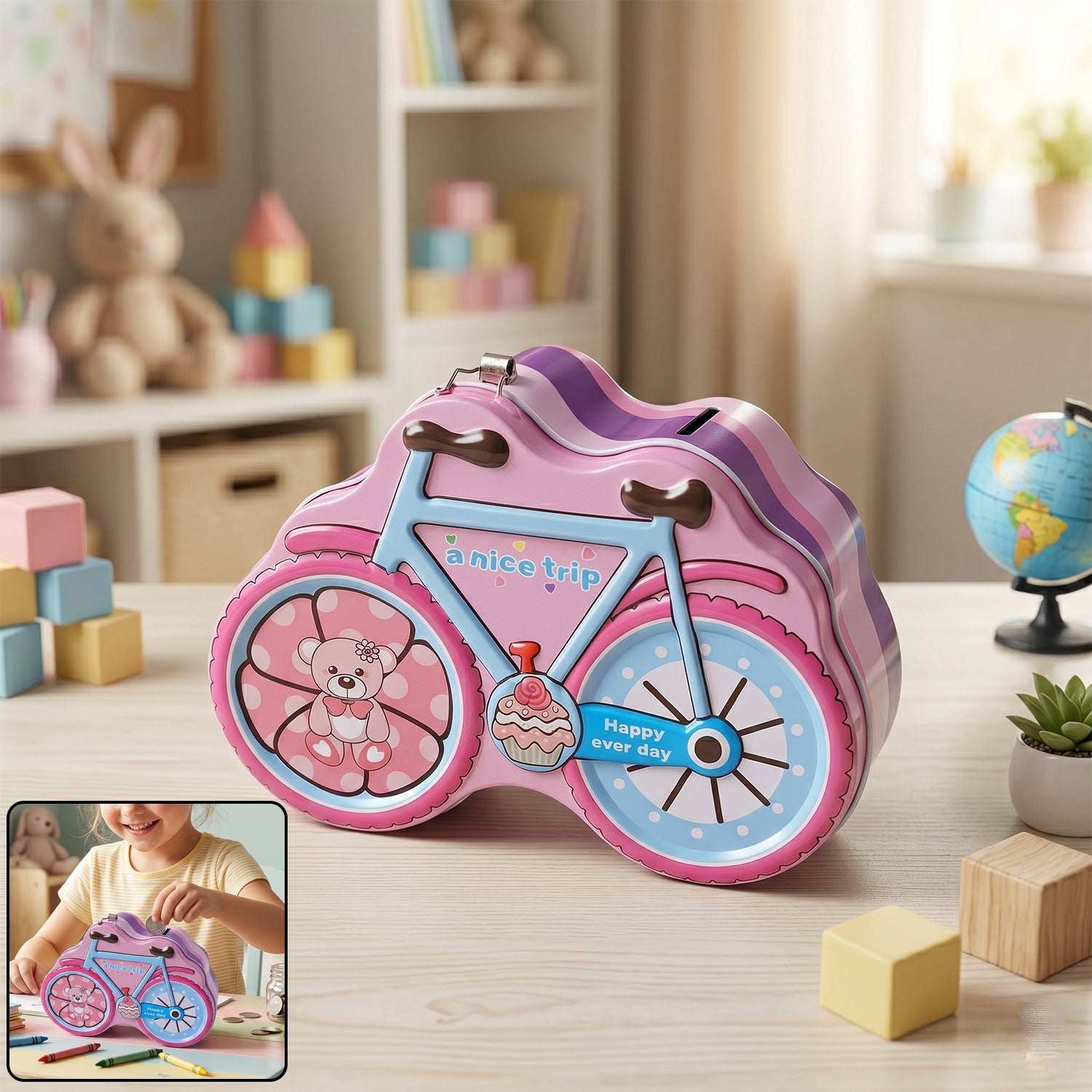 Wukusy bicycle-shaped piggy bank with lock and key, featuring a colorful bike design for saving coins and secure storage.