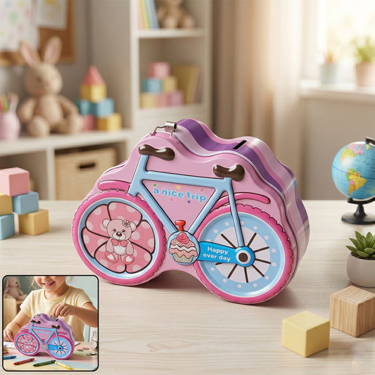 Wukusy bicycle-shaped piggy bank with lock and key, featuring a colorful bike design for saving coins and secure storage.