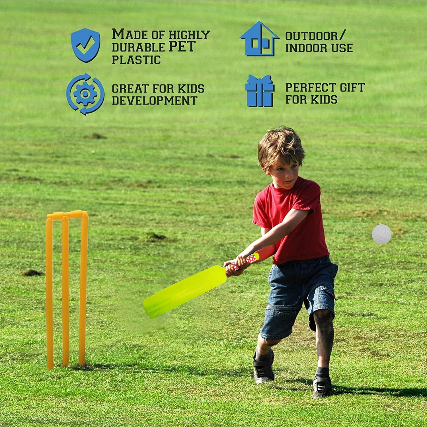 Plastic cricket bat and ball set for kids, colorful Wukusy toys designed for boys and girls to enjoy outdoor cricket games.
