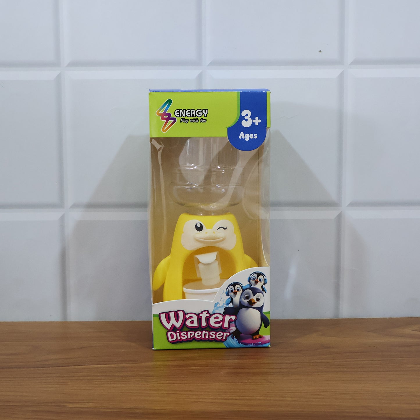 Kids tabletop water dispenser toy by Wukusy showing colorful plastic water cups and playful design for children.