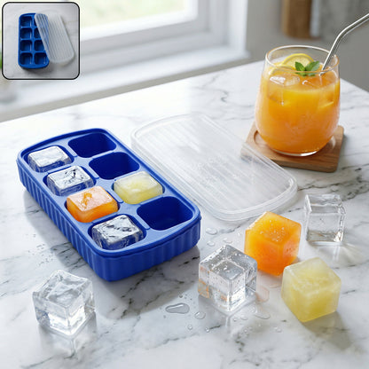 Wukusy square ice cube tray with lid, 8-grid design, 17x9 cm, made of durable plastic for versatile ice making.