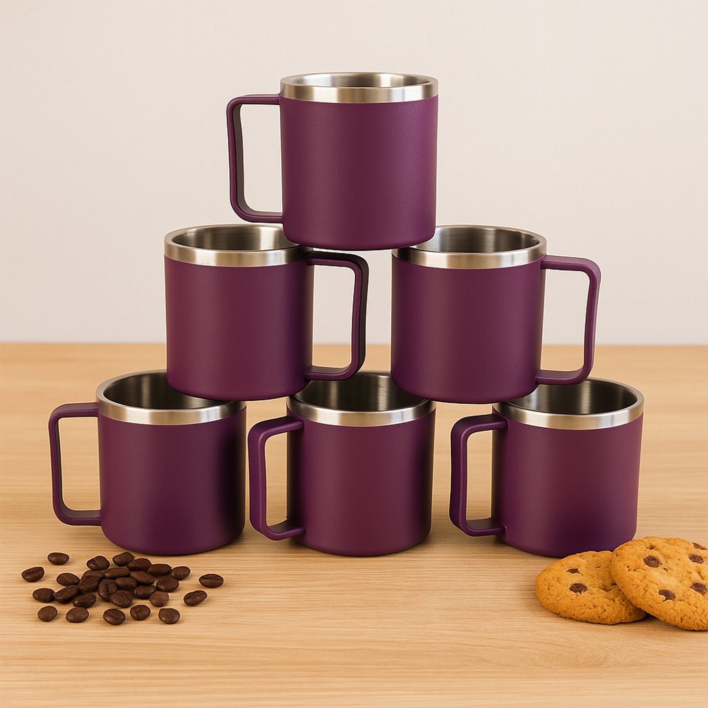 Set of six Wukusy Supermom stainless steel 200ml coffee mugs with inner design, ideal for home and kitchen use.