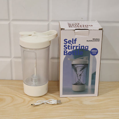 Wukusy 400ml USB rechargeable electric self-stirring protein shaker bottle with a transparent body and black lid.