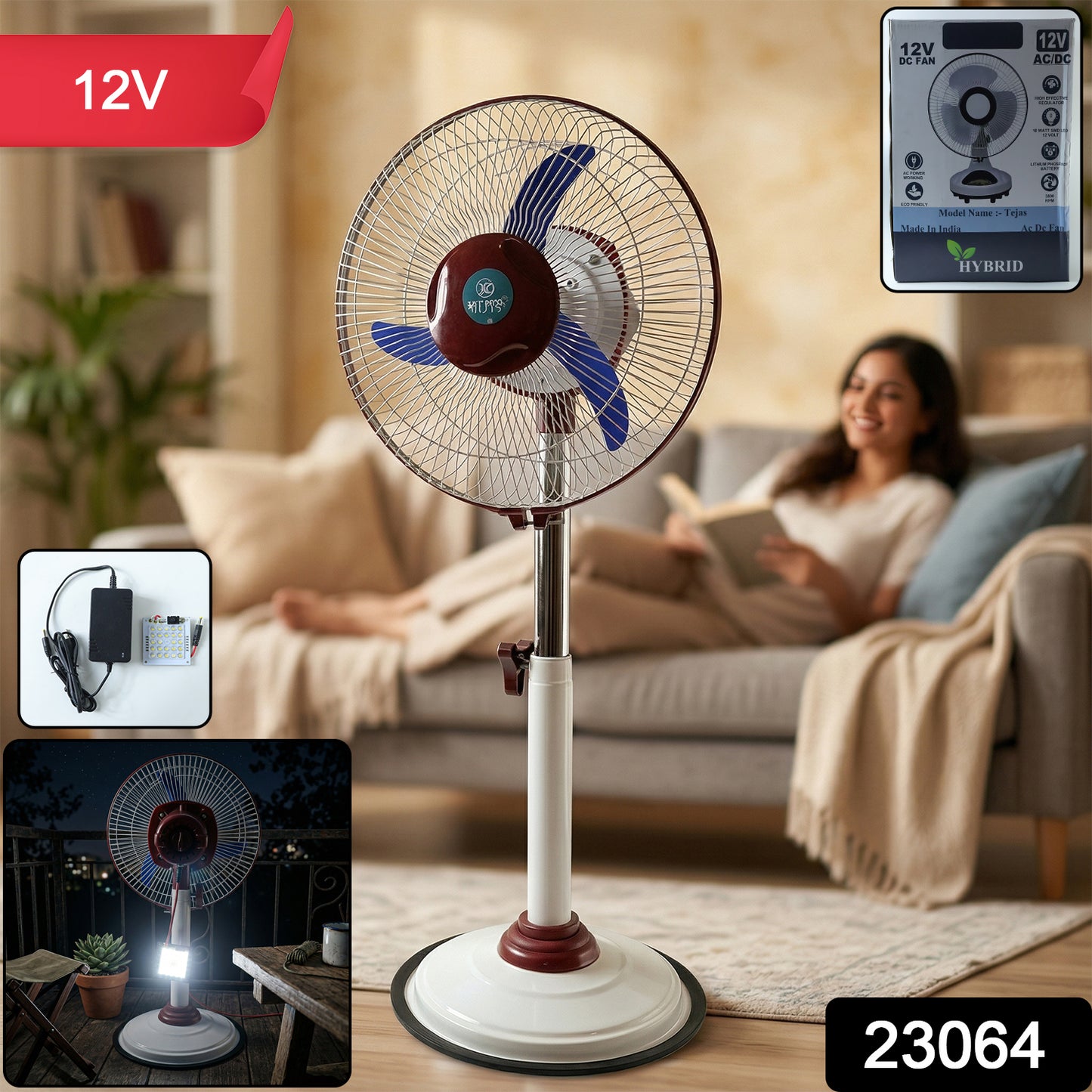 Wukusy Omega 12V rechargeable pedestal fan with LED light, adjustable height and blade, shown with front view and illuminated LED.
