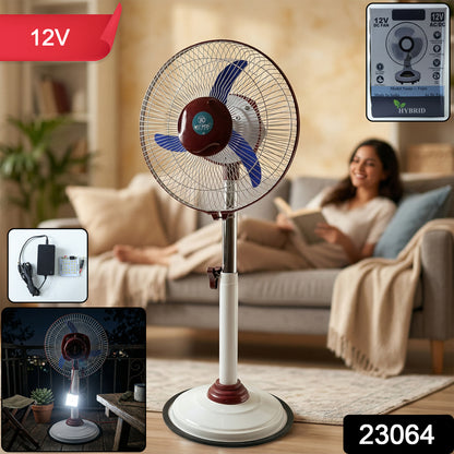 Wukusy Omega 12V rechargeable pedestal fan with LED light, adjustable height and blade, shown with front view and illuminated LED.