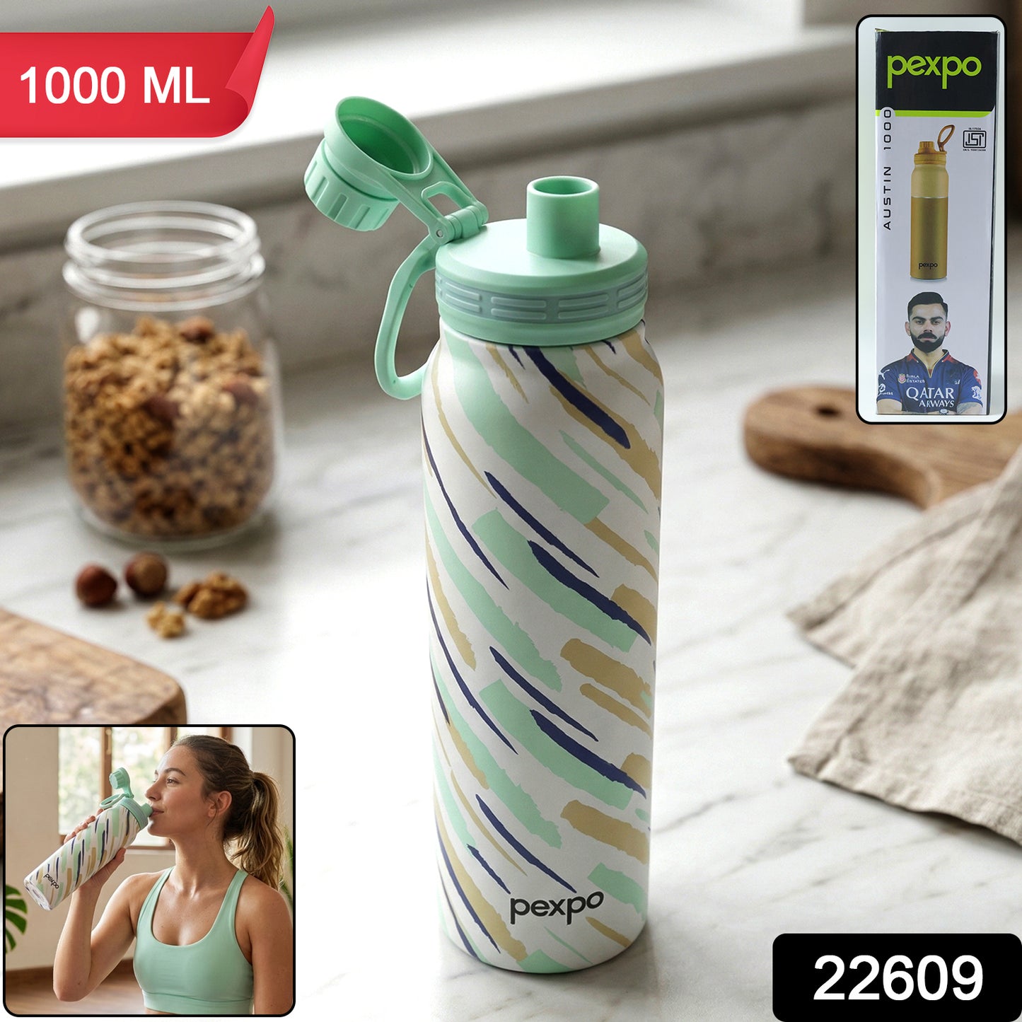 Wukusy Pexpo Austin Art stainless steel water bottle, 1000ml capacity, featuring a colorful artistic design and durable construction.