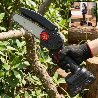 Wukusy mini electric cordless chainsaw with 48V battery and wood cutting blade, shown in a compact tool set image.