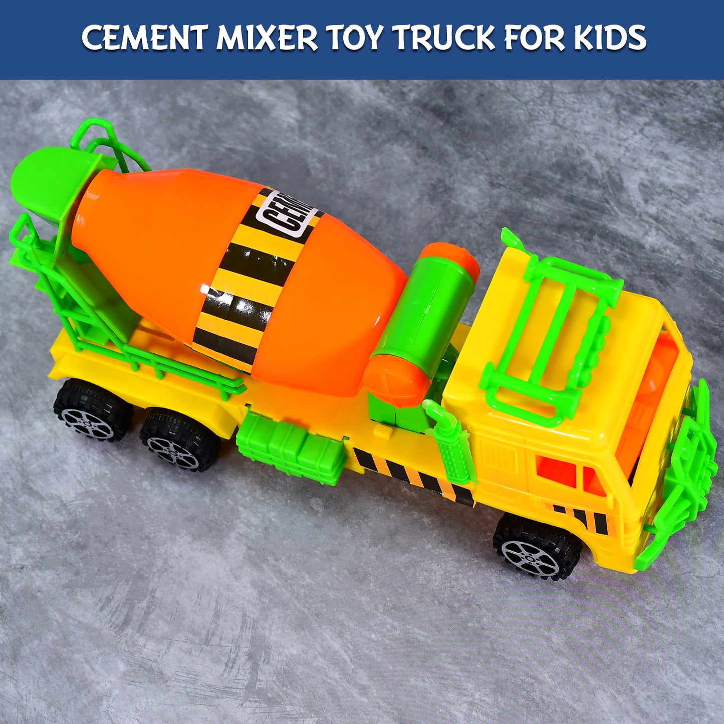 Wukusy 4441 cement mixer truck pushback toy for kids, detailed plastic construction vehicle with rotating drum and colorful design.