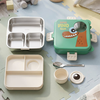 Steel kids dinosaur lunch box set by Wukusy with steel tray, spoon, and sauce cup, featuring colorful dinosaur designs for children.