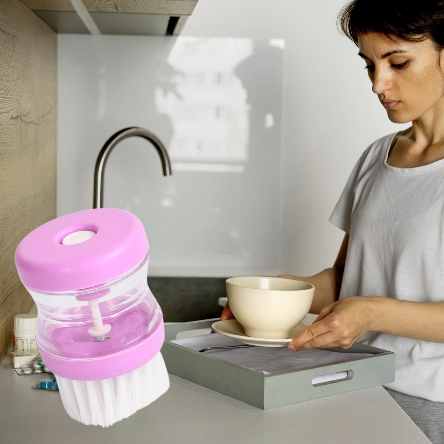 Multicolour plastic wash basin brush cleaner with liquid soap dispenser, kitchen tool by Wukusy, designed for cleaning and washing.