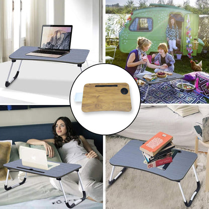 Wukusy multi-purpose laptop desk with foldable cupholder and drawer, plain design, suitable for study and reading.