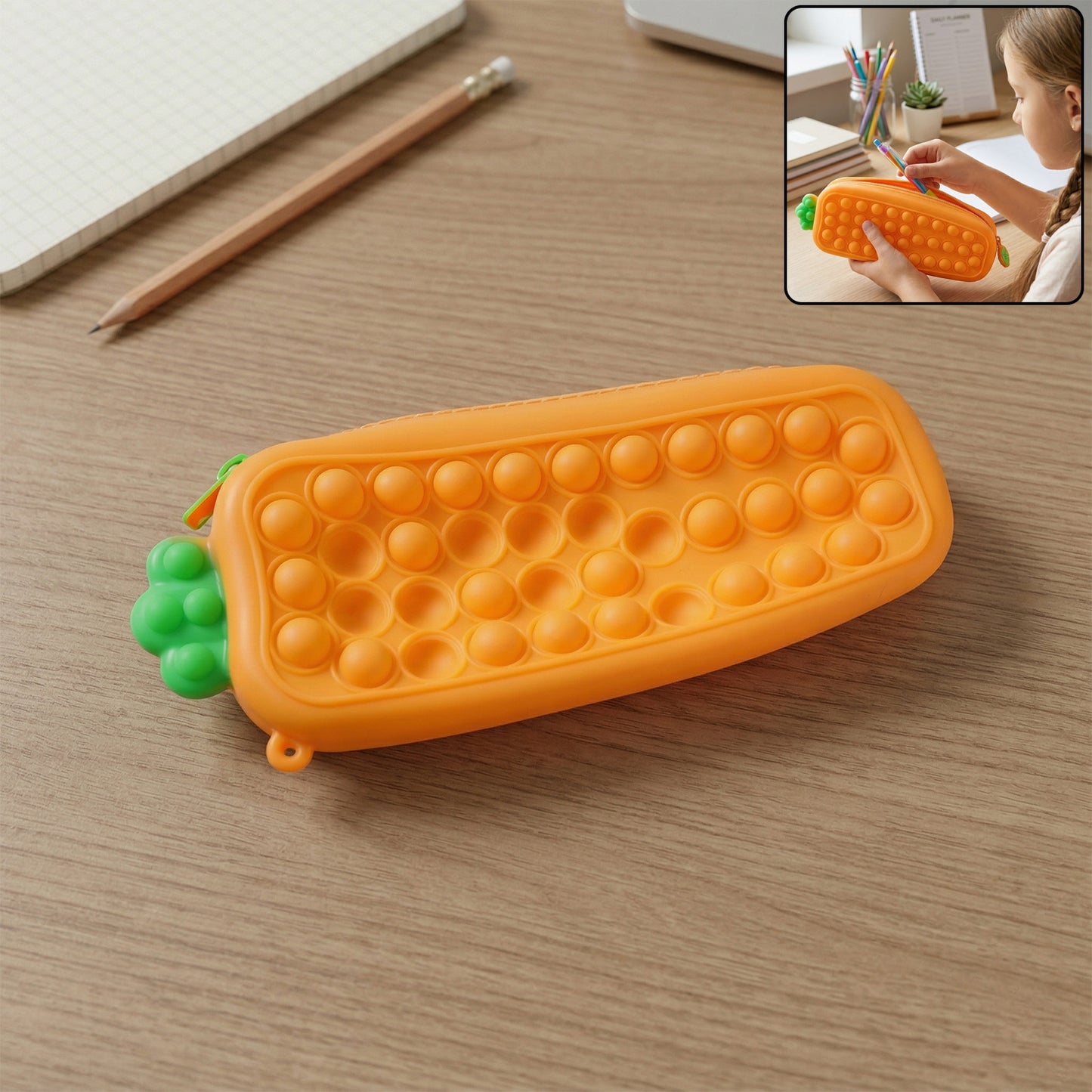 Wukusy Pop It pencil pouch with zipper, colorful silicone pop it design, compact storage for pencils and stationery.